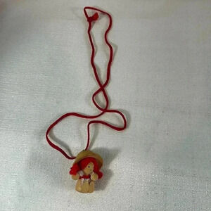 European Wooden Red Head Girl Necklace with string‎ Vintage early 1980's